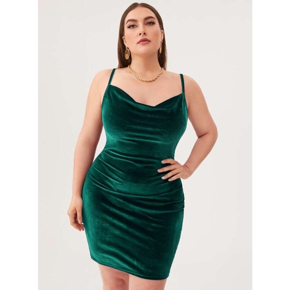 Dark Green Velvet Cowl Neck Bodycon Mini Dress Size 1X Spaghetti Straps
